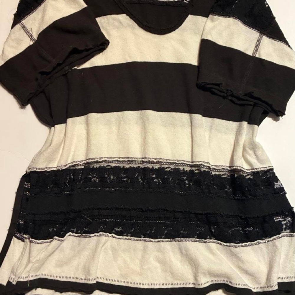 Free People Striped Lace Trim Boho Tee